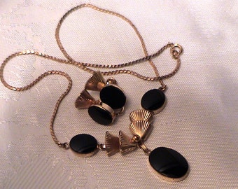 Vintage VAN DELL Black Onyx 12K Gold Filled Mid Century Modern Necklace & Screw Back Earrings SET