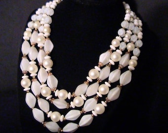 Vintage TRIFARI Mid Century White Art Glass & Glass Pearl Multi Strand Necklace