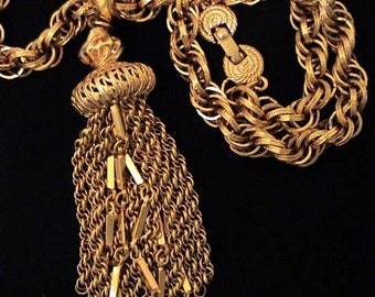 Vintage MONET "Damita" Tassel  Gold Tone Necklace, Book Piece