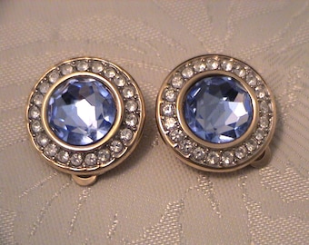 Vintage SWAROVSKI SAL Signed Light Sapphire Blue Crystal Halo Clip Earrings