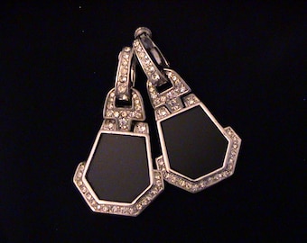 Vintage YAMADA TOKYO Art Deco Revival Black Onyx & Rhinestone Earrings