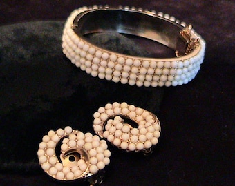 Vintage BERGERE White Milk Glass Bangle Bracelet & Earrings SET