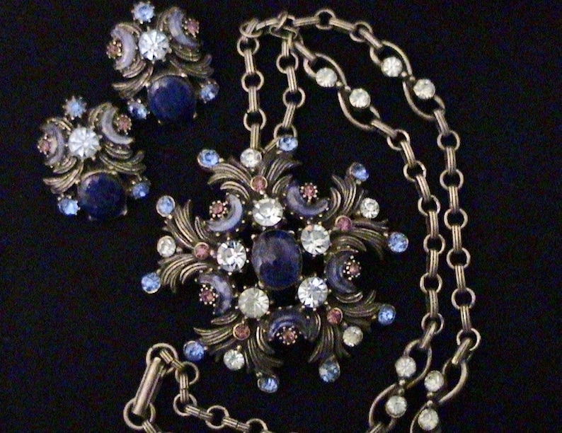 Vintage FLORENZA Lapis Blue Crescent Rhinestone Demi Parure