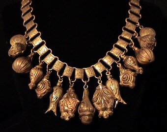 Vintage 1930s Brass Repousse Puffy Charm Book Chain Necklace, Haskell Style