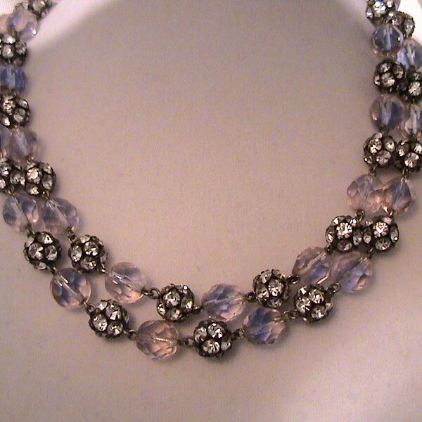 Vintage Double Strand Lilac Purple Givre Glass Bohemian Bead and Rhinestone Ball Necklace