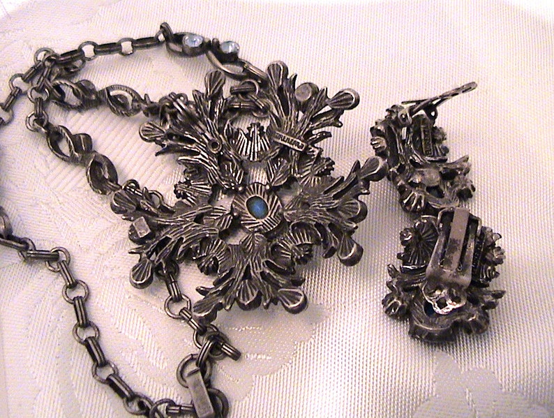 Vintage FLORENZA Lapis Blue Crescent Rhinestone Demi Parure