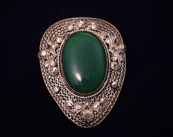 Vintage Signed Czech Green Glass Filigree & Marcasite Bohemia Dress Clip