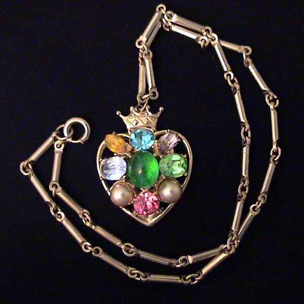 Vintage Jeweled Royal Crown Heart Pendant Necklace, Unsigned Coro