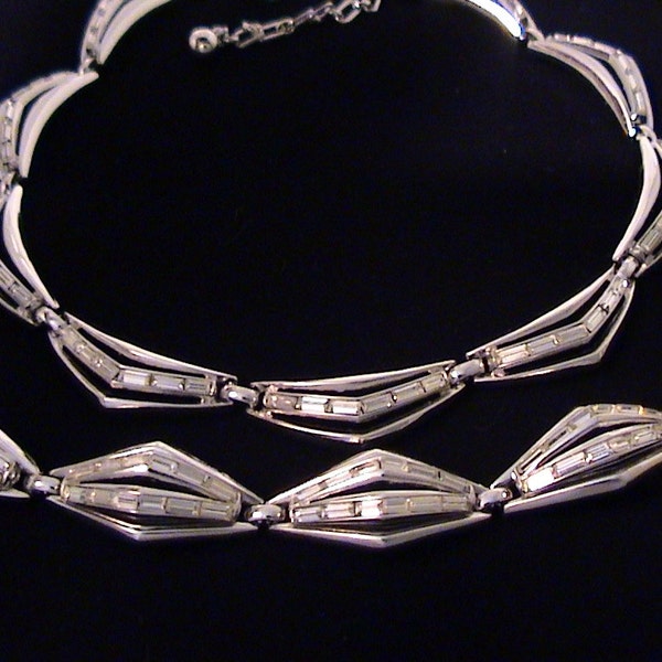 Vintage TRIFARI Philippe Baguette Rhinestone Necklace and Bracelet SET