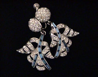 High End Vintage Pave Crystal Rhinestone & Sapphire Baguette Screw Back Earrings