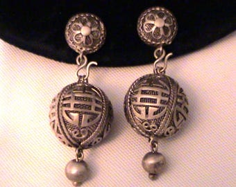 Vintage Chinese Export Silver Perfume Pomander Ball Earrings, Signed S.A. HK