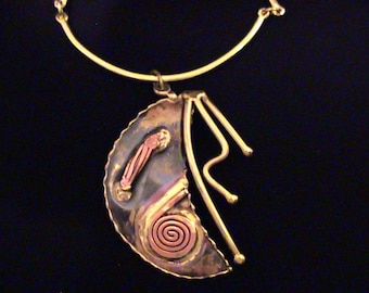 Vintage CREATIVE COPPER Mixed Metals Brass Copper Collar Statement Necklace