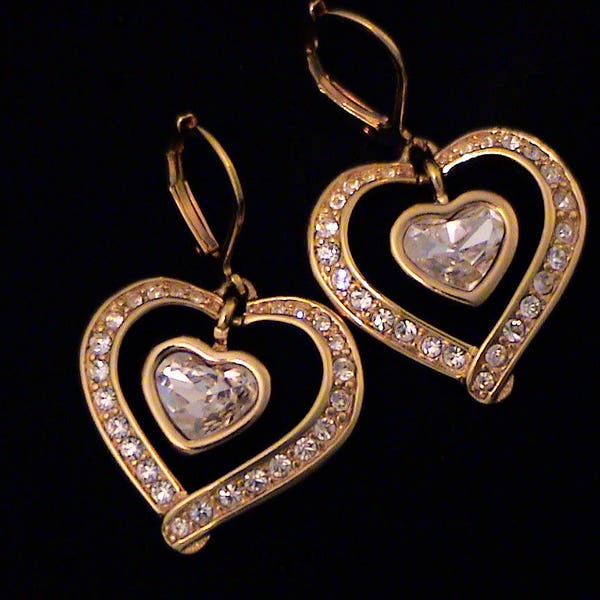 Vintage SWAROVSKI Swan Signed Double Dangling Heart Earrings