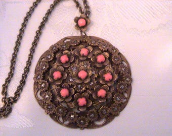 Vintage 1930s Czech Coral Glass & Marcasite Brass Filigree Pendant Necklace