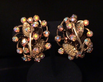 Vintage Topaz  & AB Rhinestone Clip Earrings, Judy Lee Attributed