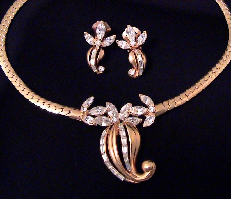 Vintage High End Crystal Rhinestone Gold Necklace and Earrings Demi Parure