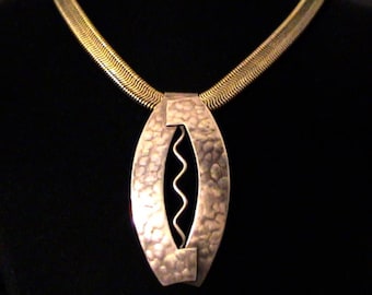Vintage MARJORIE BAER Modernist Hammered Silver Pendant & Brass Snake Chain Necklace