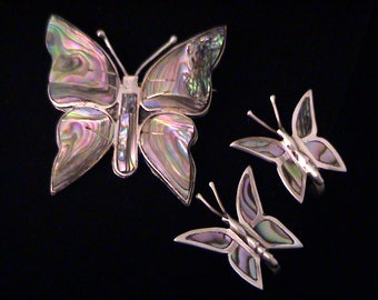 Vintage TAXCO Mexico Sterling Silver Abalone Butterfly Brooch & Earrings