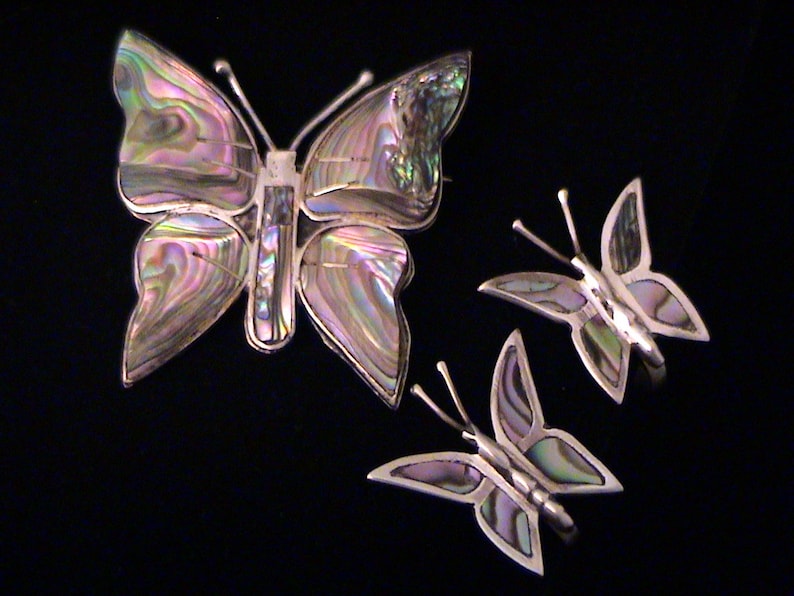Vintage TAXCO Mexico Sterling Silver Abalone Butterfly Brooch /& Earrings