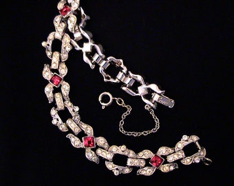 Stunning Art Deco CORO Crystal & Ruby Red Rhinestone Bracelet
