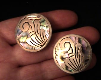 Vintage Taxco Mexico Sterling Silver Abalone Screw Back Earrings