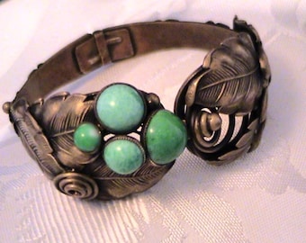 Vintage ART DECO Peking Glass & Brass Clamper Bracelet Signed Ges Gesch, NEIGER Bros Style
