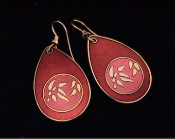Vintage LAUREL BURCH Bamboo Leaf & Red Cloisonne Enamel Earrings