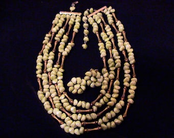 Vintage CASTLECLIFF Light Green Pebble Five-Strand Necklace & Clip Earrings SET
