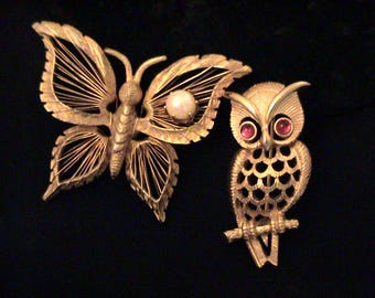 2 Vintage Brooches BROOKS Butterfly & AVON Owl Bird