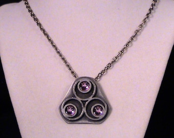 Vintage BENT LARSEN Denmark Modernist Pink Glass Pewter Pendant Necklace