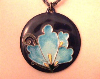 Vintage BARBARA PELOWSKI Cloisonné  Enamel Flower Artisan Pendant Necklace, w Original Blue Cord & Card