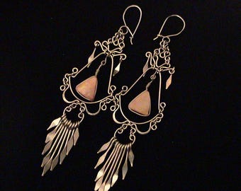 Vintage BoHo Ethnic Pink Quartz and Silver Chandelier Earrings