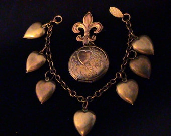 Vintage Puffy Heart Brass Charm Bracelet & Gold Tone Lapel Pin Locket