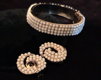 Vintage BERGERE White Milk Glass Beaded Bangle Bracelet & Earrings SET