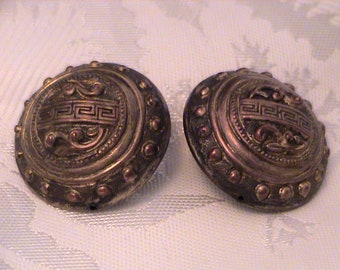 Antique Vintage Large Puffy Repousse Clip Earrings, Marked Made in China NO 23 SC