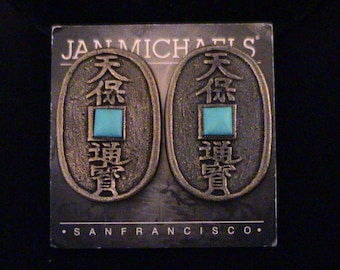 Vintage JAN MICHAELS Oversized Bronze Japanese Coin & Turquoise Stone Clip Earrings on Org. Card