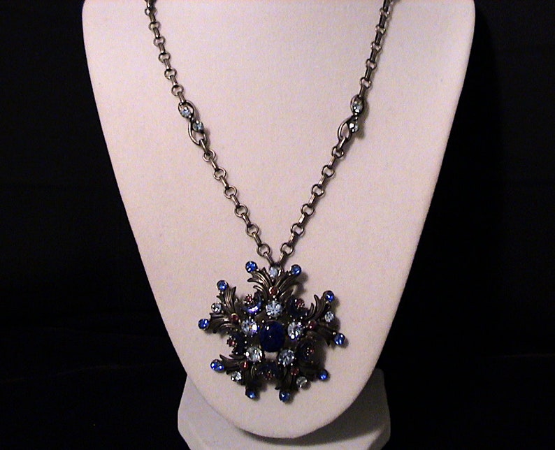 Vintage FLORENZA Lapis Blue Crescent Rhinestone Demi Parure