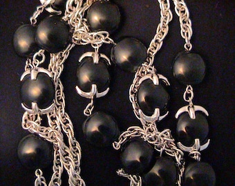Vintage TRIFARI Waterfall Companion Silver & Black Lucite Bead Flapper Necklace