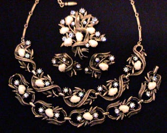Vintage CORO "Sorrento" Baby Tooth Pearl & Light Blue Rhinestone Silver Necklace, Bracelet, Brooch, Earrings GRAND PARURE