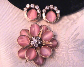 Vintage CRC Charles Reis 12K Gold Filled Pink Cat's Eye Star Flower Pendant Brooch & Earrings Set