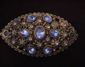 Vintage NEW ENGLAND GLASS Works Sapphire Blue Rhinestone Large Brooch
