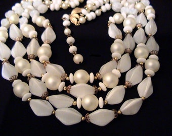 Vintage TRIFARI White Art Glass & Pearl 4 Strand Necklace