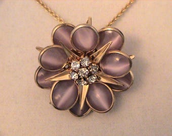 Vintage CRC Charles Reis 12K Gold Filled Purple Cat's Eye Star Flower Pendant Necklace
