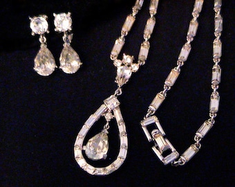 Vintage TRIFARI "Heiress" Crystal Baguette Rhinestone Pendant Necklace & Teardrop Earrings