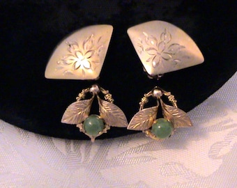 Vintage 12k GF Jade Earrings & Vermeil Sterling Fan Earrings