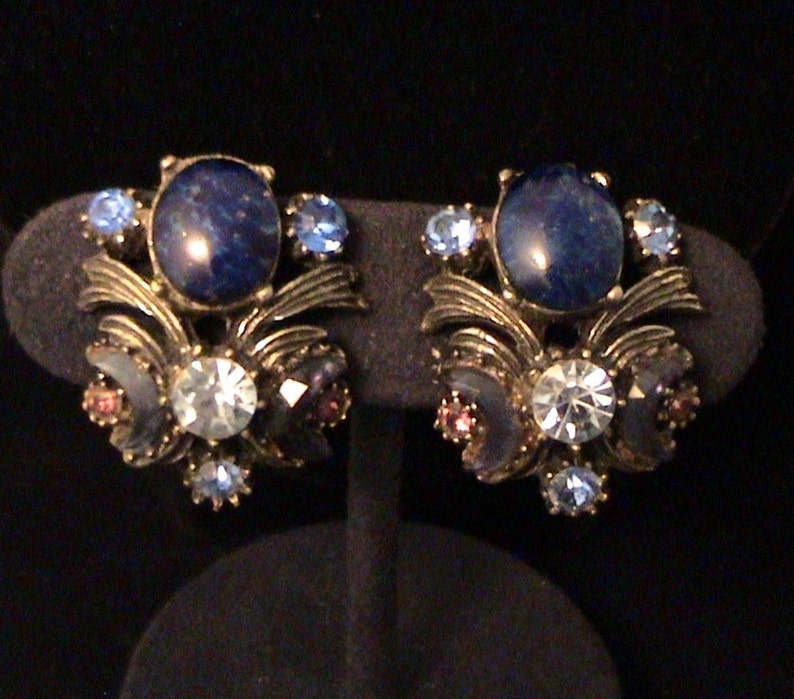 Vintage FLORENZA Lapis Blue Crescent Rhinestone Demi Parure