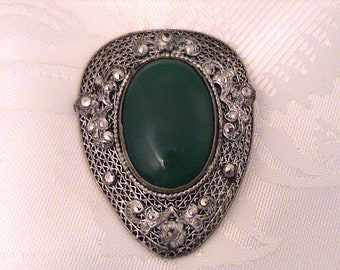 Vintage Signed Czech Green Glass Filigree & Marcasite Bohemia Dress Clip