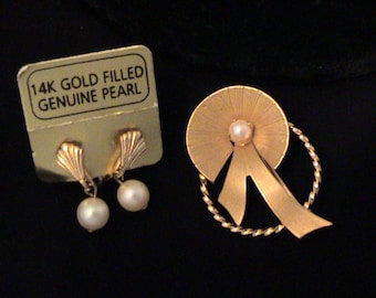 Vintage 12K Gold Filled Genuine Pearl Pin & Screw Back Earrings