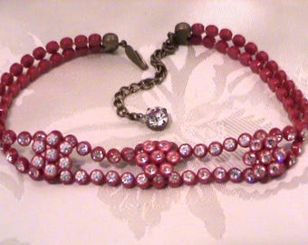 Vintage Red Celluloid Clear Rhinestone Choker Necklace