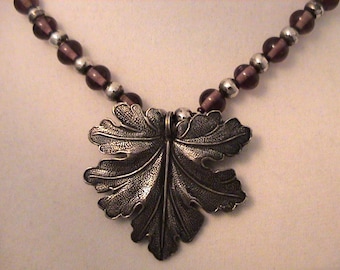 Vintage ANNE KLEIN for ACCESSOCRAFT  Purple Glass Bead & Antiqued Silver Leaf Pendant Necklace